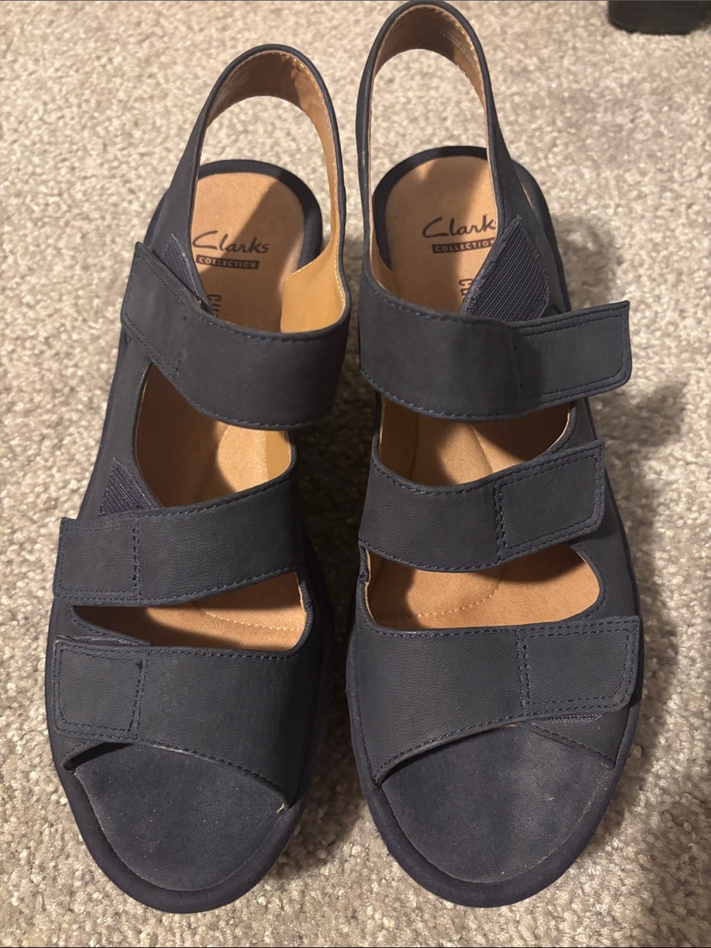 Clarks Navy Suede Adjustable Slingback Sandals